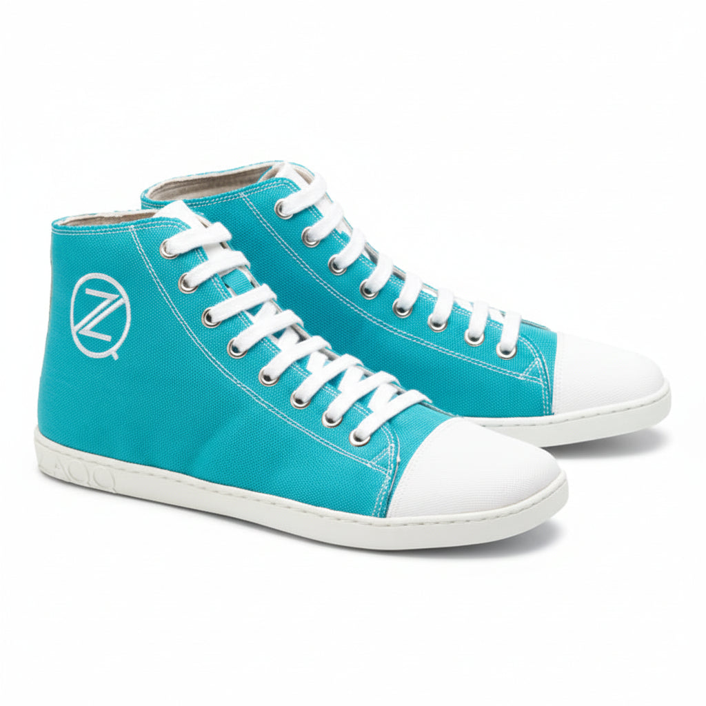 Cooler Retro Sneaker als Barfußschuh in High Cut in türkis mit weißer Zehenkappe und weißen Schnürsenkeln