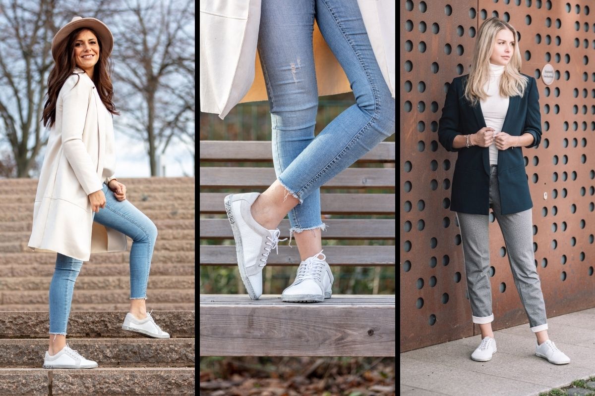 Drei Bilder zeigen Frauen in stylischen Outfits. Links: Frau mit Hut, langem Mantel und Jeans auf einer Treppe. Mitte: Nahaufnahme von weißen Turnschuhen und Jeans auf einer Bank. Rechts: Frau in Blazer und grauer Hose steht selbstbewusst neben einer Lochwand. Alle tragen weiße Turnschuhe.